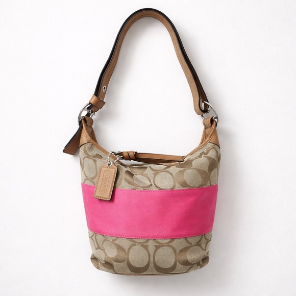 COACH pink brown signature buckle bucket shoulder bag F13862 EUC - Picture 5 of 13